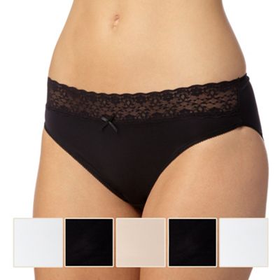 Pack of five black, white and natural microfibre high leg briefs